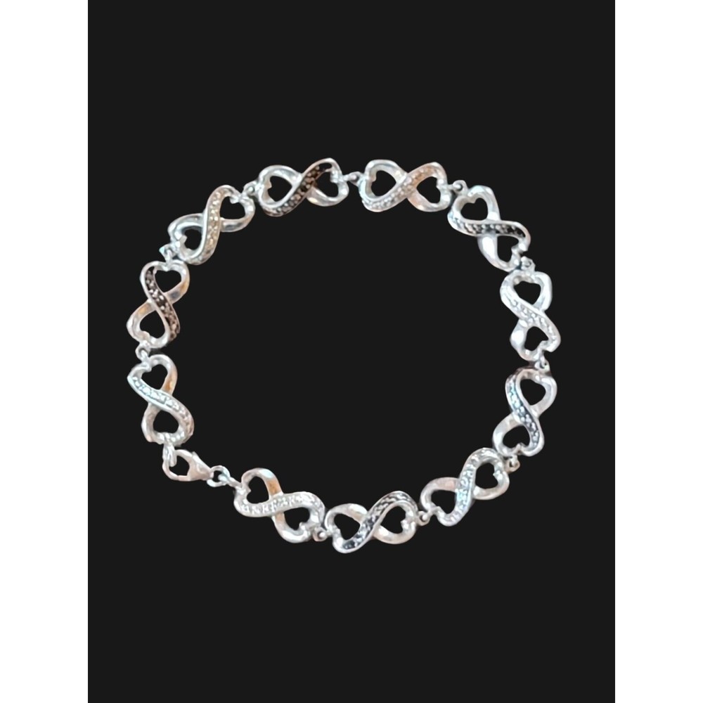 Sterling Silver White & Black Diamond Infinity Heart Bracelet Size 7 1/4 in